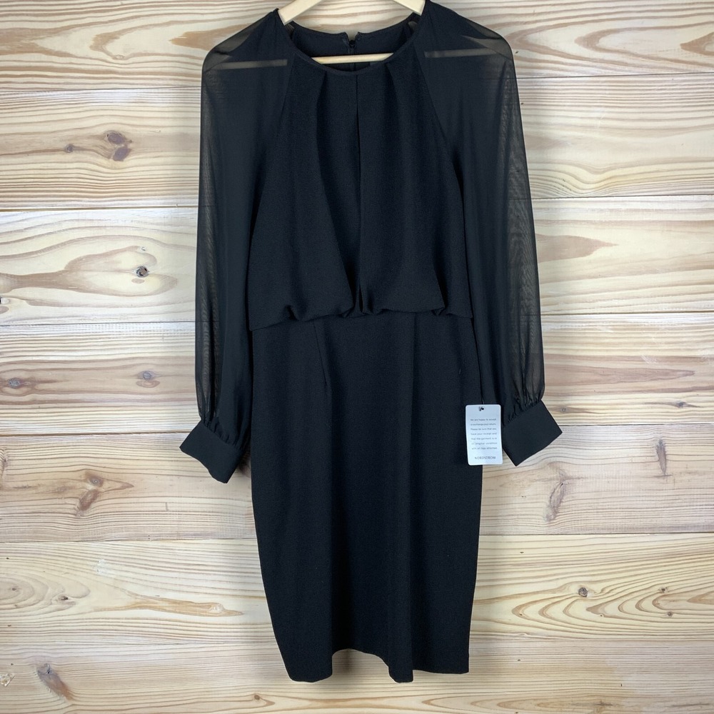 Adrianna Papell Black Long Sleeve Sheer Sleeve Cocktail Dress